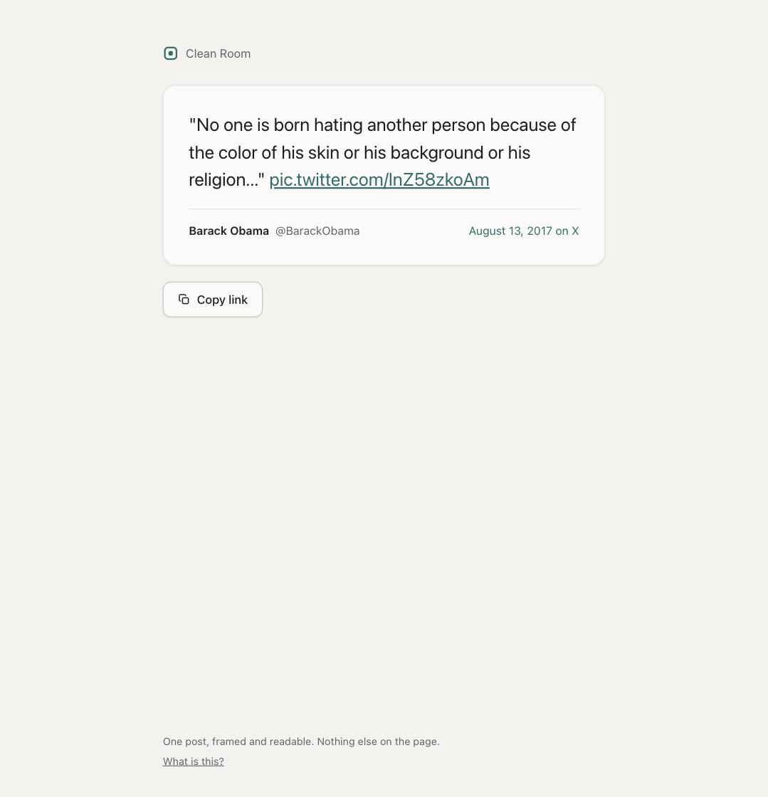The Clean Room fallback quote card: post text, author, and date rendered as a styled blockquote with no external scripts