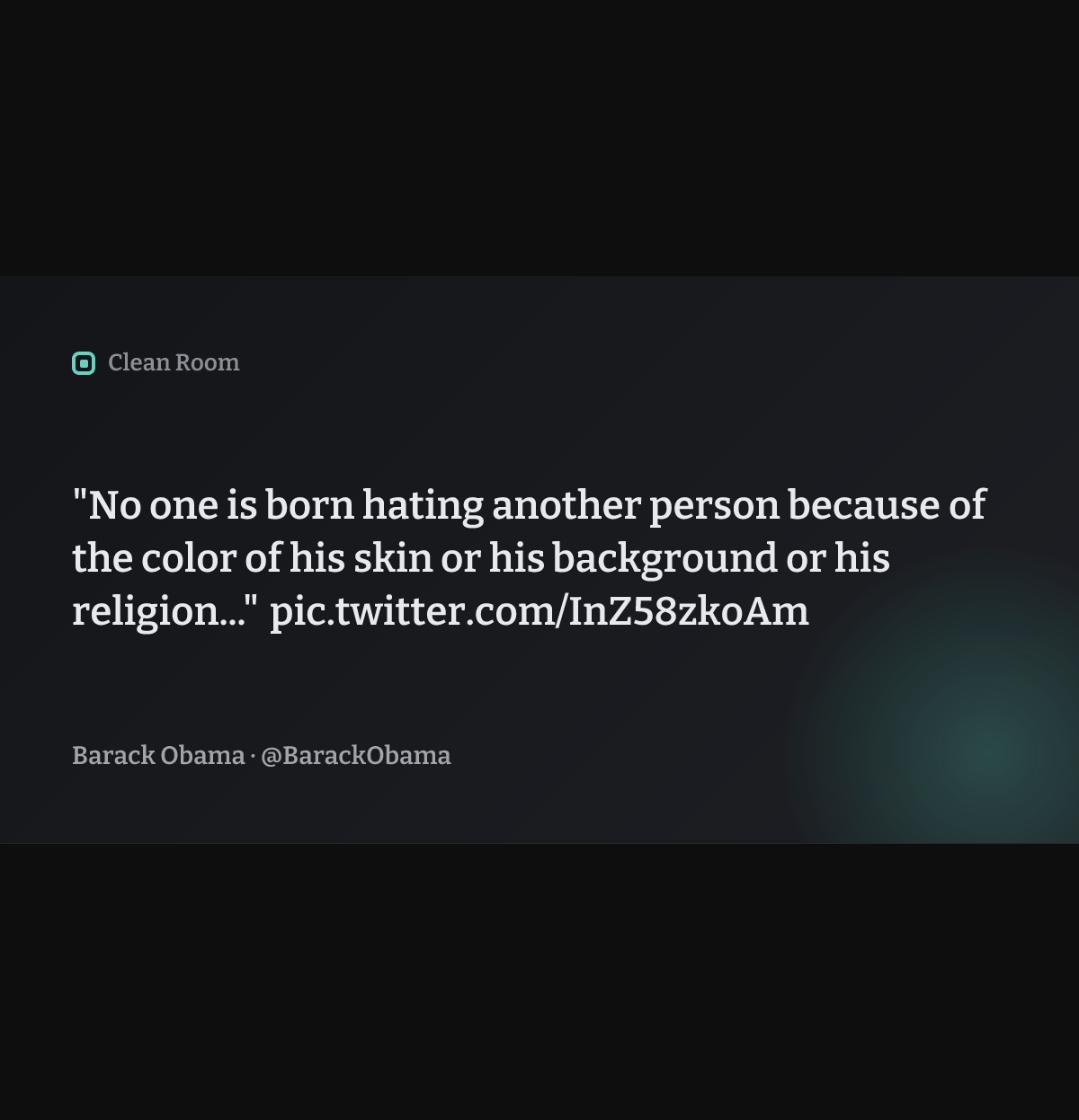 The generated Open Graph card PNG: dark quote card with the post text, author, and Clean Room mark at 1200 by 630