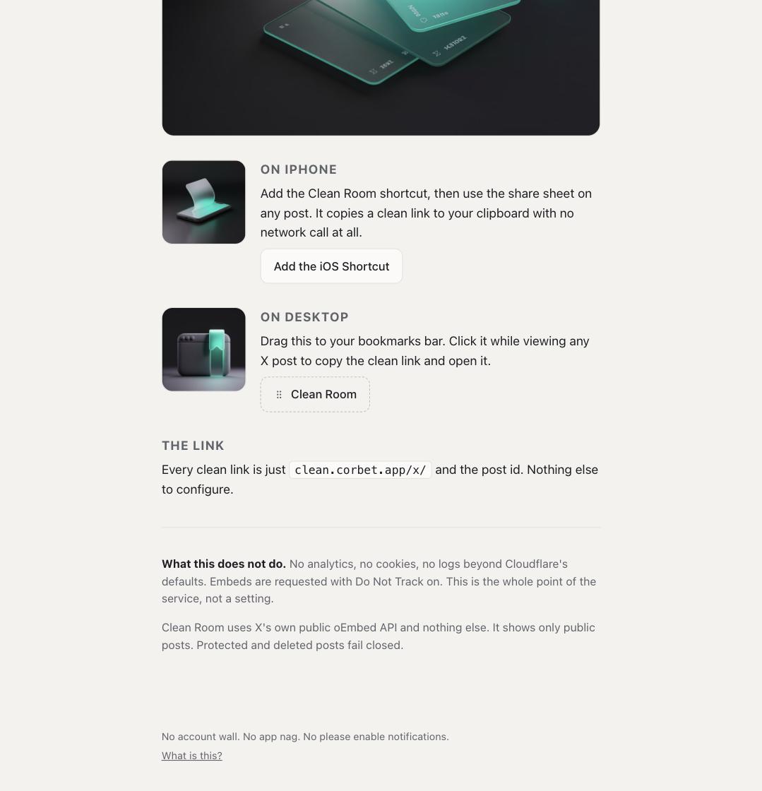Landing page sections for the iOS Shortcut and the draggable bookmarklet chip, plus the clean link format