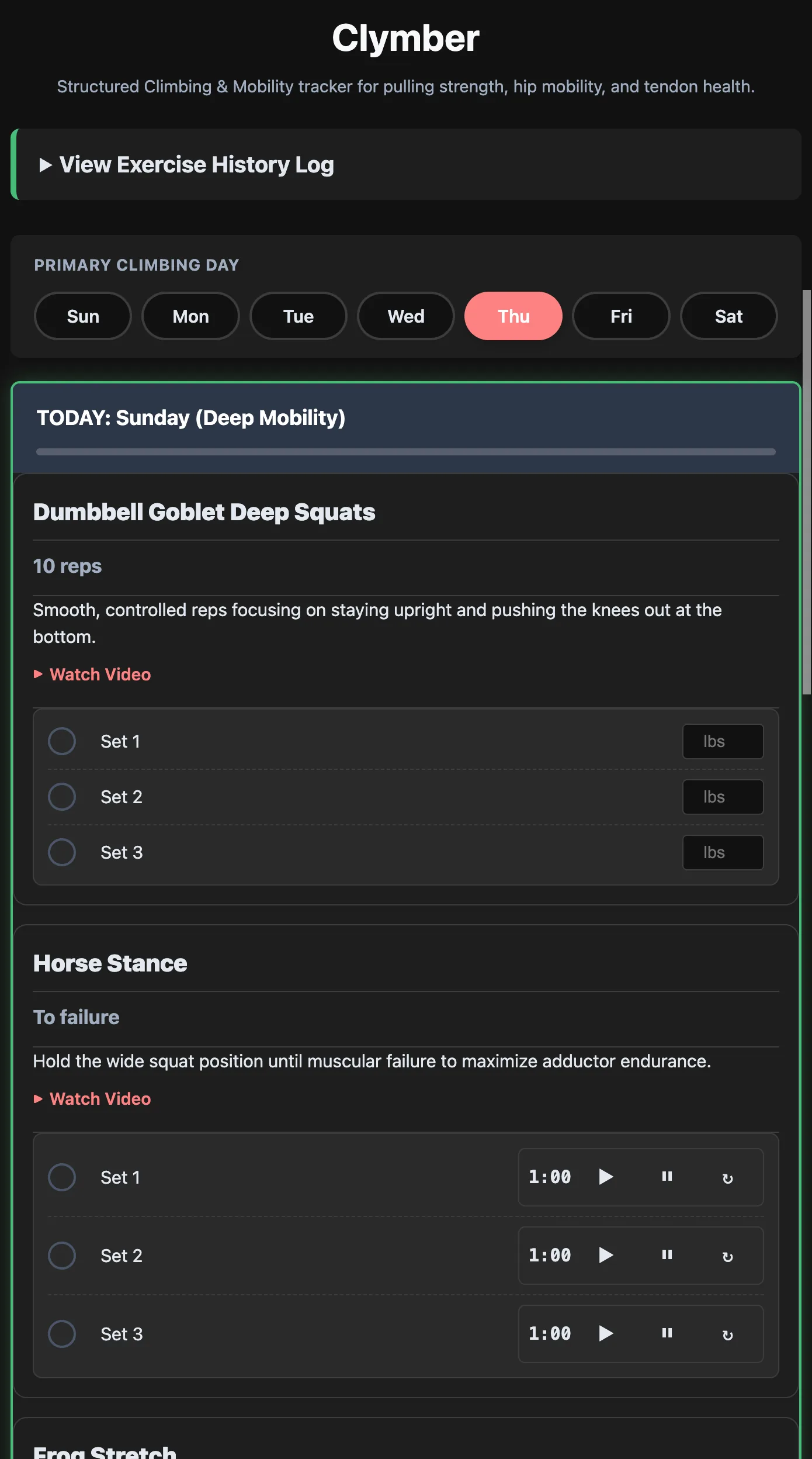 Clymber: climbing conditioning and mobility tracker home screen