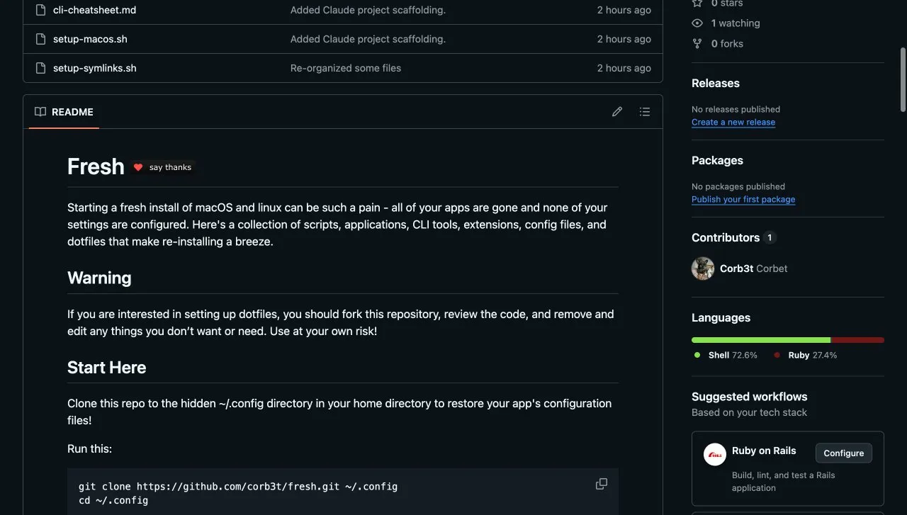 The fresh README showing the Start Here section with the bootstrap git clone command